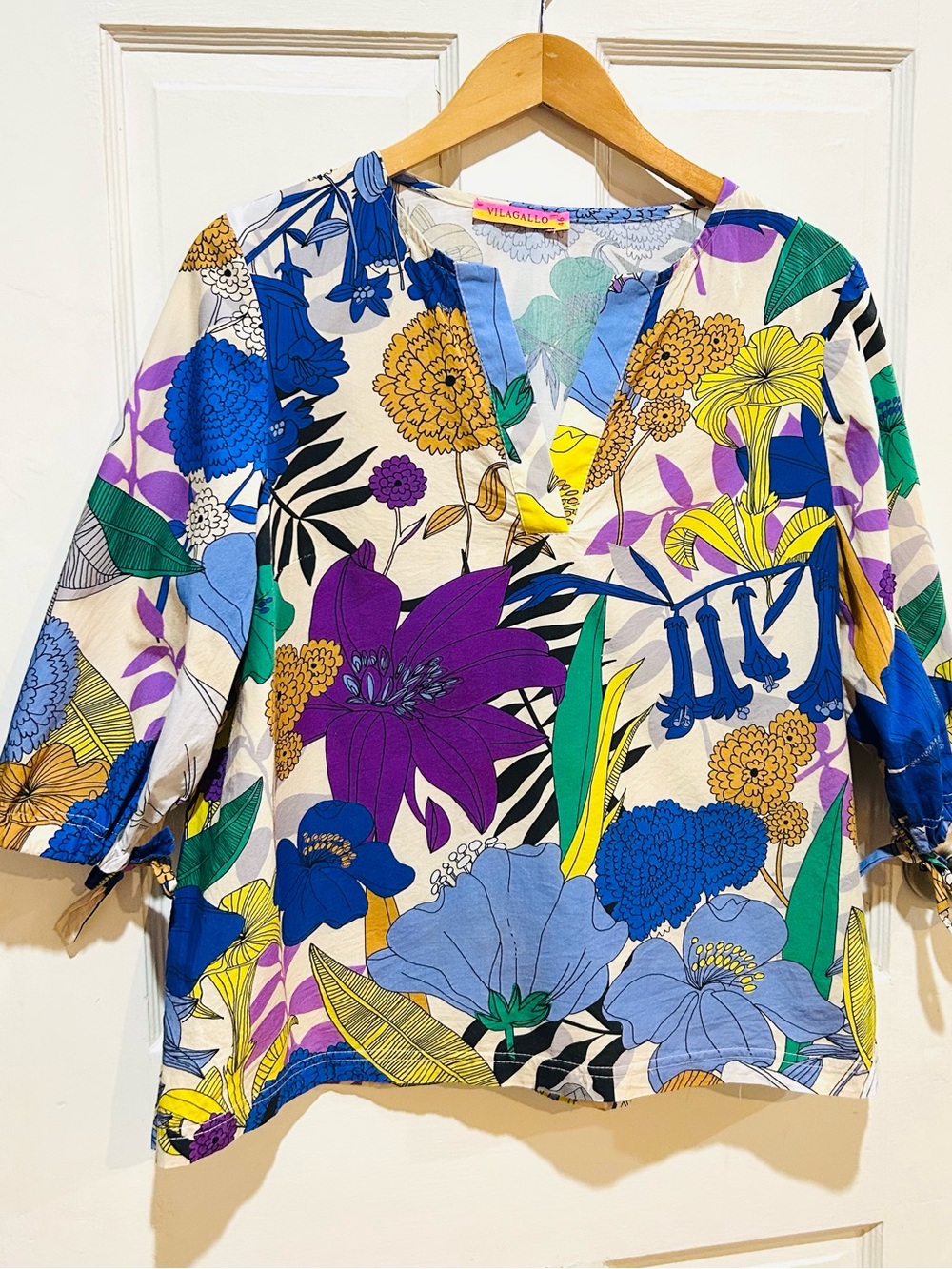Vilagallo Analissa Floral Print Cotton Top Colorful Puff Sleeve Boho Size 12